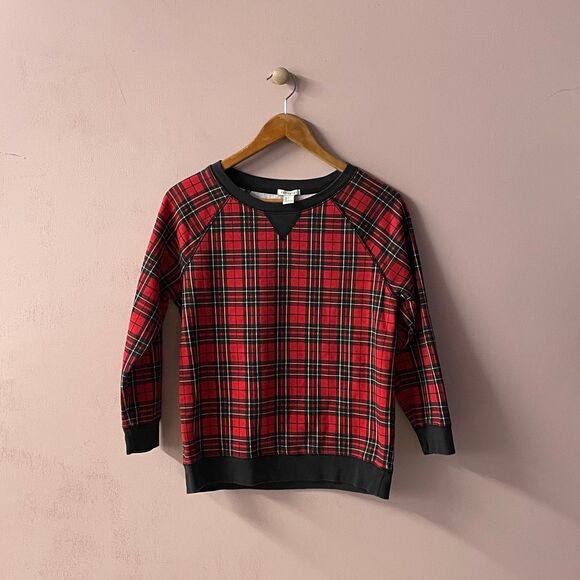 Forever 21 Red Tartan Plaid Black Trimmed Round Neck Sweater EUC Size S - Picture 1 of 10